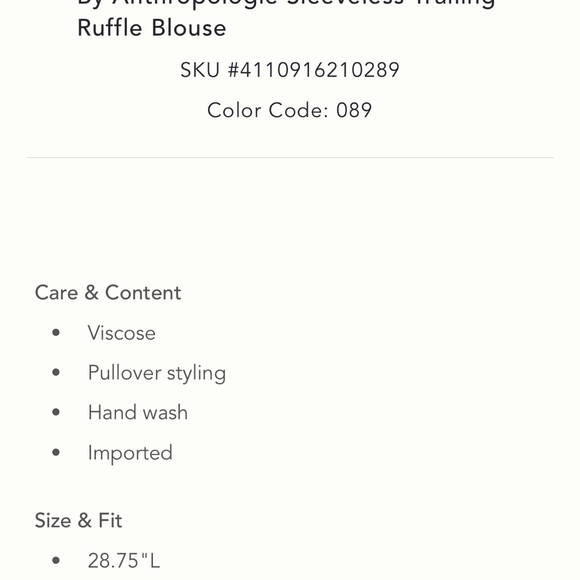 By Anthropologie Sleeveless Trailing Ruffle Blouse S NWT - Picture 16 of 16